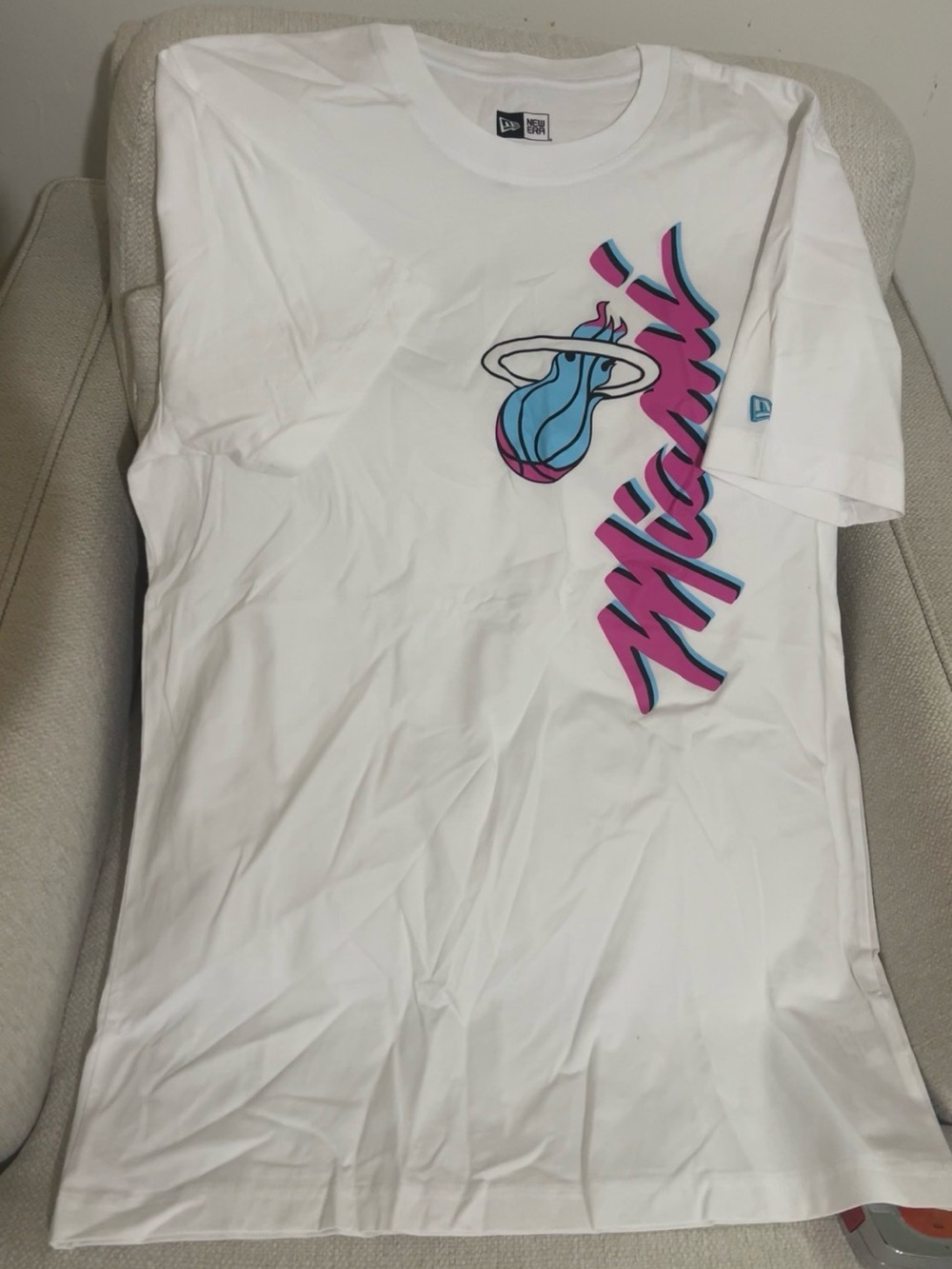 New Era Miami Heat White T-Shirt with Pink and Teal Logo